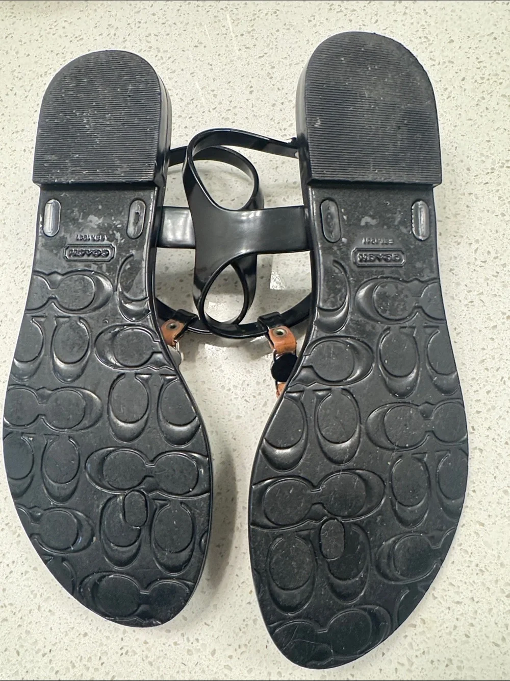 Coach Black T-Strap Jelly Sandals with Tan Accents size 37